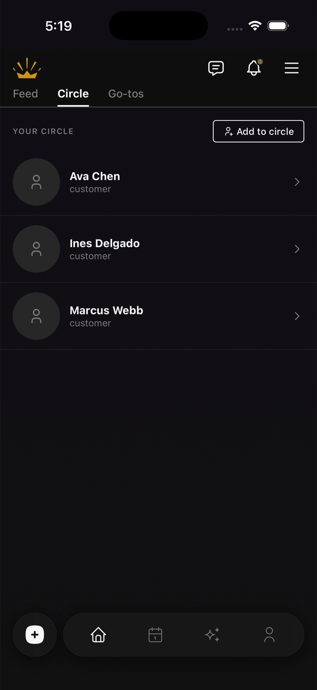The CROWND Circle tab, listing three people in your circle with an Add to circle button.