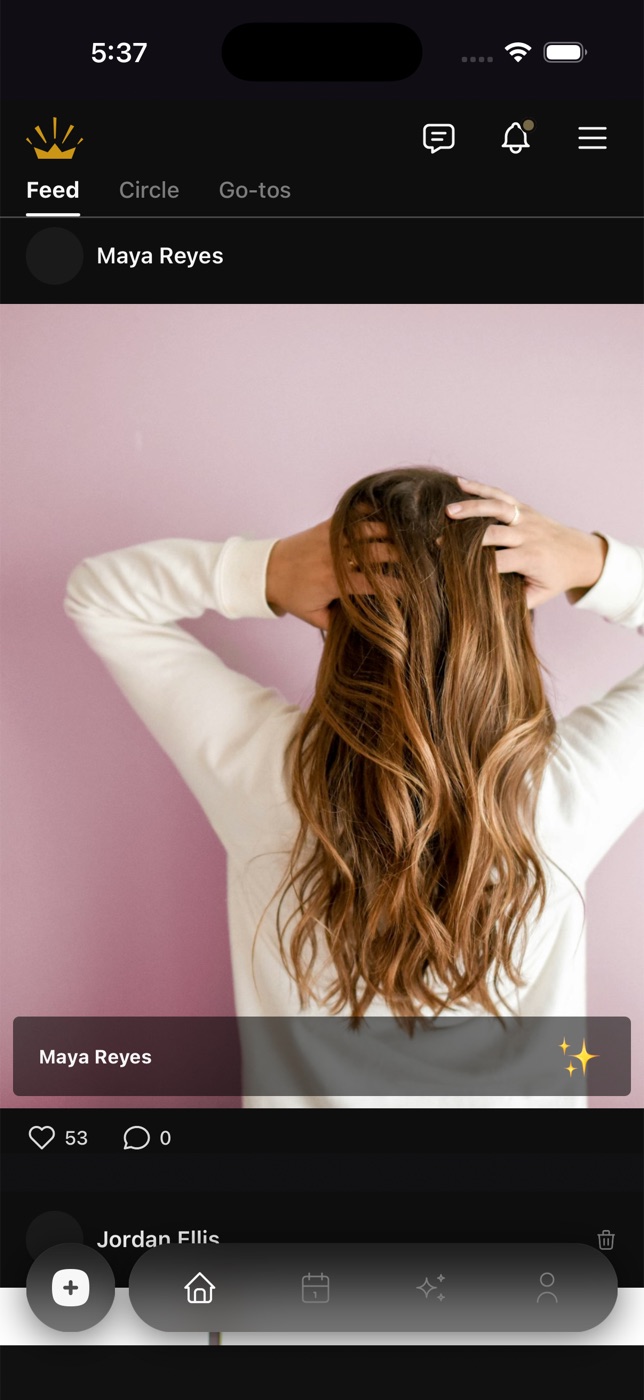 The CROWND feed: a hair color post with the provider's name on it.