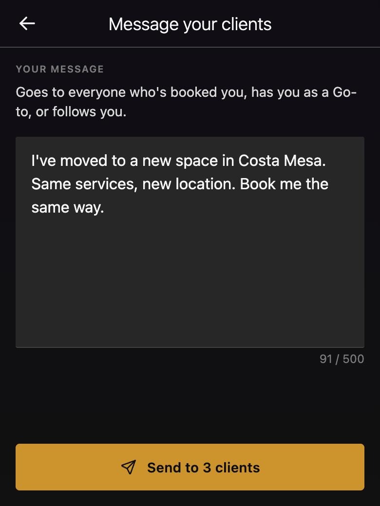 The CROWND message-your-clients screen with a draft reading: I've moved to a new space in Costa Mesa. Same services, new location. Book me the same way. The send button reads Send to 3 clients.